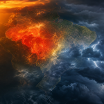 Mapa meteorológico abstrato do Brasil com áreas de calor intenso e formação de tempestades, sem textos, números ou placas legíveis.