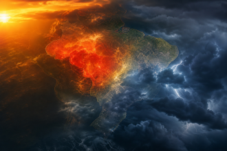 Mapa meteorológico abstrato do Brasil com áreas de calor intenso e formação de tempestades, sem textos, números ou placas legíveis.